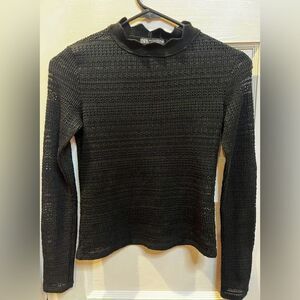 Zara Cut Work Top With Ruffled Neck Black Size M